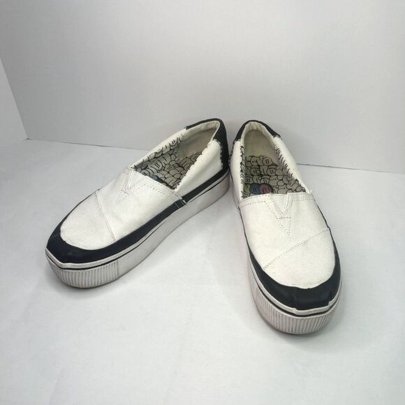 Toms Boardwalk Venice Canvas Platform Slip Ons Flats White Black Monogram Womens - Picture 3 of 10